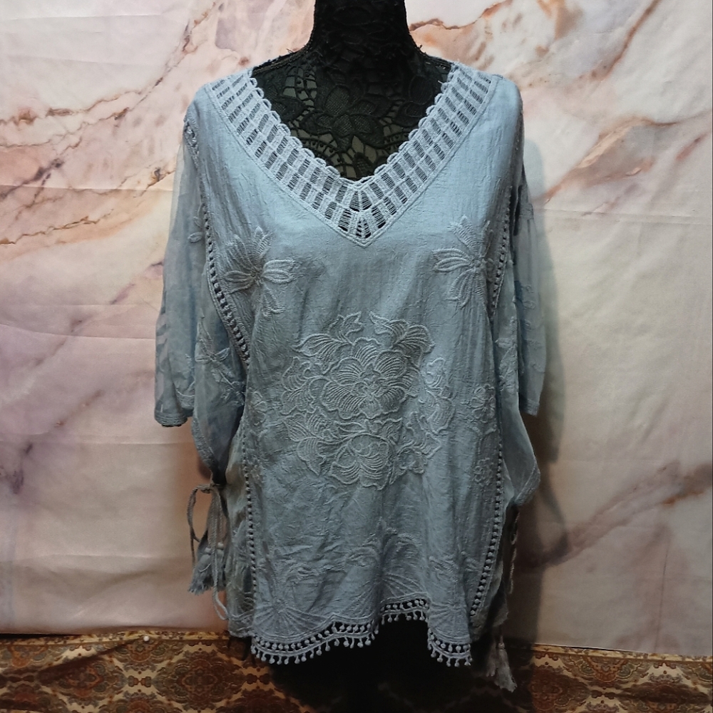 Rain + Rose Sheer Blue Embroidered Blouse